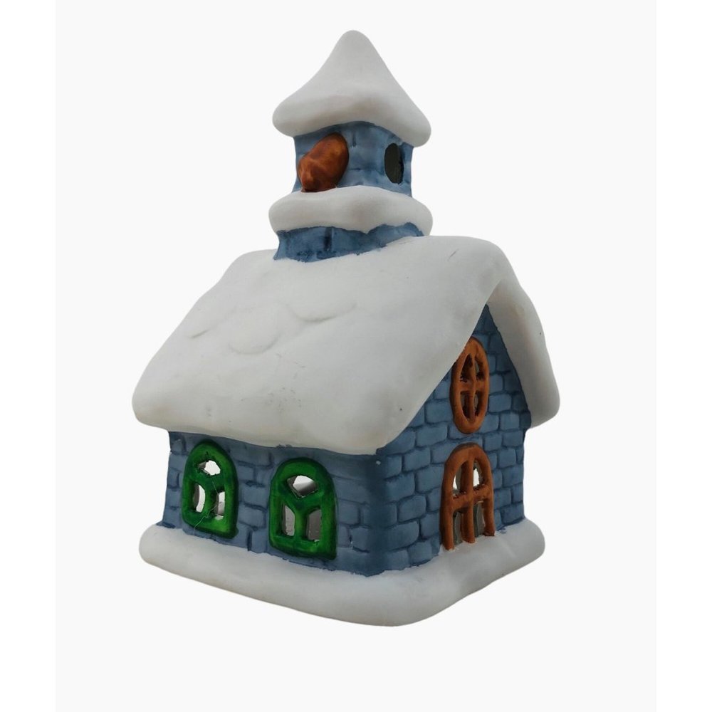 Colonial Candle Holder Winter Blue Ceramic Building Snow Tea Light Votive Holder - Picture 4 of 10